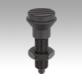 Indexing plungers, steel or stainless steel, without collar, with plastic mushroom grip and cap, with locknut