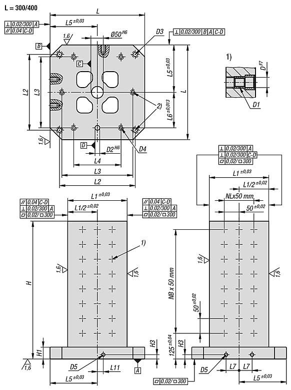 Cubos modulares de fixação em ferro fundido cinzento com perfurações em intervalos