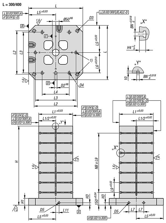 Cubos modulares de fixação em ferro fundido cinzento com ranhuras em T