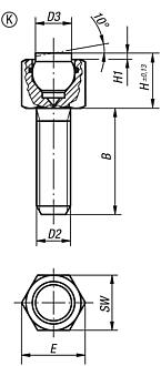 Dispositivos de apoio com esfera autoalinhante, reguláveis, com O-ring, forma K, com esfera de POM (Poliacetal) plana e com face lisa