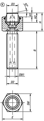 Dispositivos de apoio com esfera autoalinhante, reguláveis, com O-ring e elementos de encaixe substituíveis, forma K, elemento de encaixe de POM (Poliacetal) plano e com face lisa