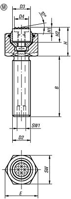 Apoios de esfera auto-alinhante, reguláveis, com O-Ring e elementos de encaixe substituíveis, forma M, encaixe "Gripper" plano e com face recartilhada de metal duro