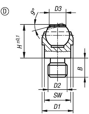 Apoios de esfera auto-alinhante, forma D, com rosca macho, esfera
plana e elemento de encaixe de POM (Poliacetal)