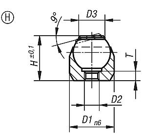 Dispositivos de apoio com esfera autoalinhante, forma H, com tolerância dimensional (ajuste), esfera plana e elemento de encaixe de POM (Poliacetal)