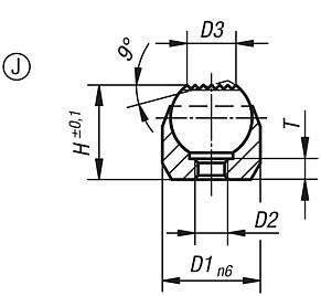 Apoios de esfera auto-alinhante, forma J, com tolerância dimensional (ajuste), esfera plana e com face recartilhada