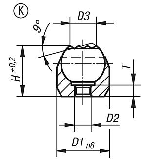 Dispositivos de apoio com esfera autoalinhante, forma K, com tolerância dimensional (ajuste), esfera plana e elemento de encaixe de metal duro