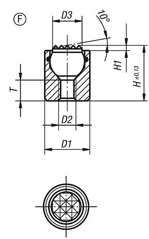 Dispositivos de apoio com esfera autoalinhante com O-ring, forma F, esfera de aço plana e com face recartilhada