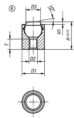 Dispositivos de apoio com esfera autoalinhante com O-ring, forma K, com esfera de POM (Poliacetal) plana e face lisa
