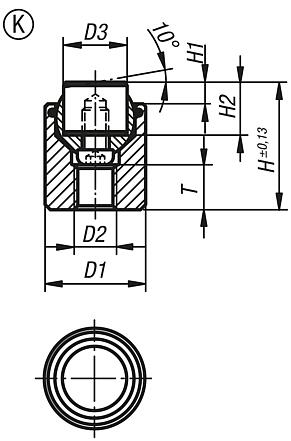 Dispositivos de apoio com esfera autoalinhante com O-ring e elementos de encaixe substituíveis, forma K, elemento de encaixe de POM (Poliacetal) e com face lisa