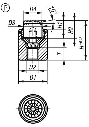 Apoios de esfera auto-alinhante com O-Ring e elementos de encaixe substituíveis, forma P, encaixe em aço inoxidável com superfície de poliuretano