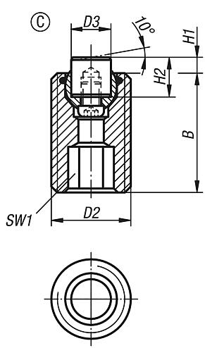 Dispositivos de apoio com esfera autoalinhante, reguláveis, com O-ring, elementos de encaixe substituíveis e sextavado interno, forma C, elemento de encaixe em aço, plano e com face lisa