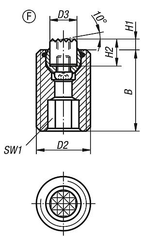 Apoios de esfera auto-alinhante, reguláveis, com O-Ring, elementos de encaixe substituíveis e sextavado interno, forma F, encaixe "Gripper" plano e com face recartilhada