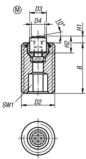 Apoios de esfera auto-alinhante, reguláveis, com O-Ring, elementos de encaixe substituíveis e sextavado interno, forma M, encaixe "Gripper" plano e com face recartilhada de metal duro