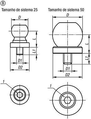 Esferas de fixação com calota para estabilizador de peças de usinagem, forma B