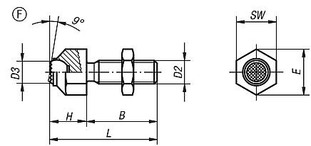 Dispositivos de apoio com esfera autoalinhante, reguláveis, forma F, esfera plana e com face recartilhada