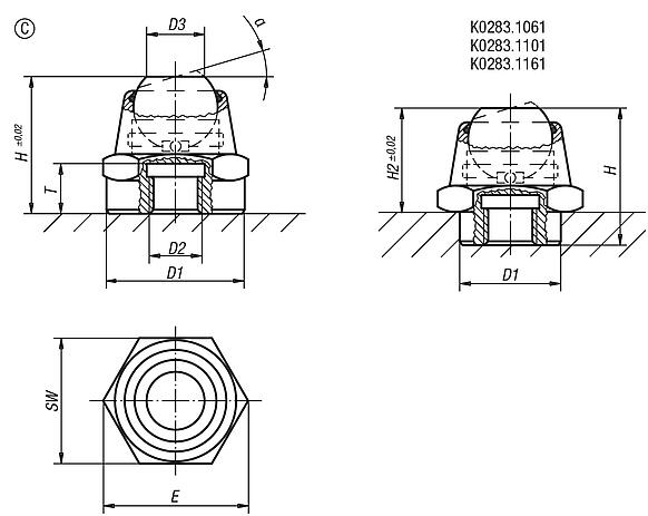 Apoios de esfera auto-alinhante, ângulos de inclinação 14° e 20°, forma C, com esfera plana e face lisa