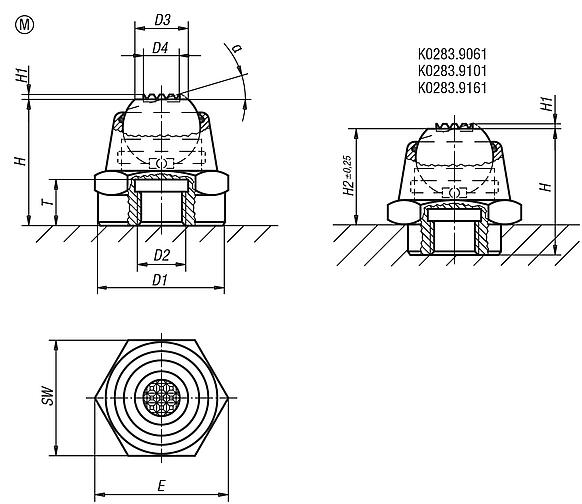 Dispositivos de apoio com esfera autoalinhante, ângulos de inclinação 14° e 20°, forma M, esfera plana e com face recartilhada em metal duro