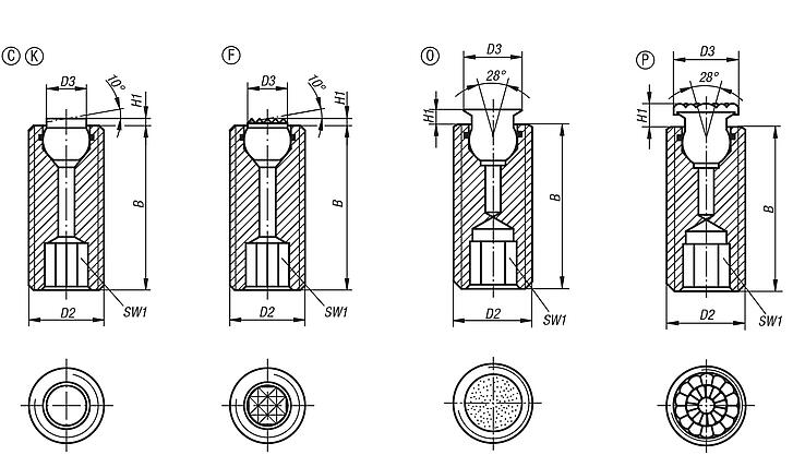 Dispositivos de apoio com esfera autoalinhante reguláveis com O-Ring e sextavado interno