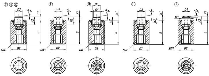 Dispositivos de apoio com esfera autoalinhante reguláveis com O-Ring, elementos de encaixe substituíveis e sextavado interno