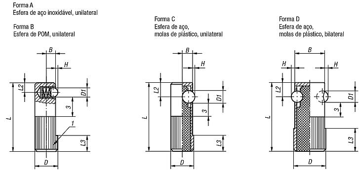 Posicionadores de efeito lateral com mola em aço, esferas de plástico, aço ou aço inoxidável