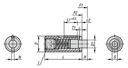 Spring plungers with hex socket and flat thrust pin, stainless steel, with thread lock