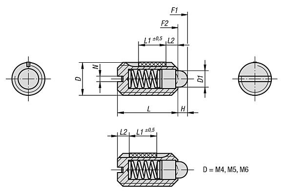 Spring plungers with slot and thrust pin, stainless steel, with thread lock