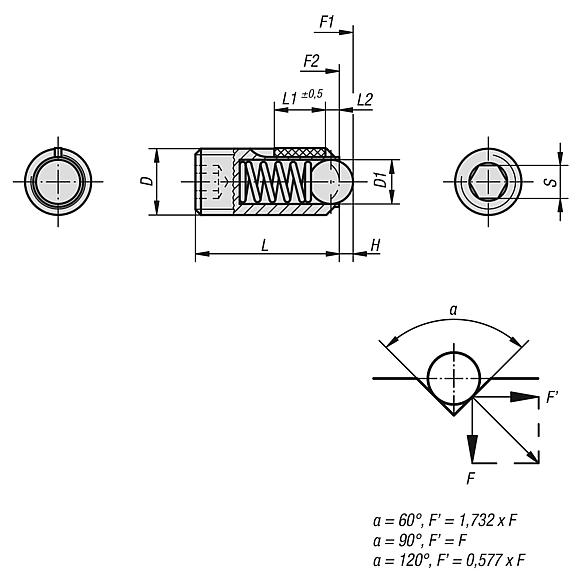 Spring plungers with hex socket and ball, stainless steel, with thread lock
