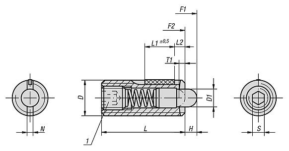 Spring plungers with hex socket and thrust pin, steel, with thread lock