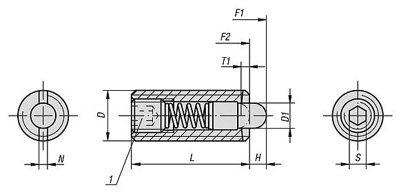 Spring plungers with hexagon socket and POM thrust pin, standard spring force