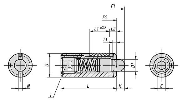Spring plungers with hex socket and POM thrust pin, stainless steel, with thread lock