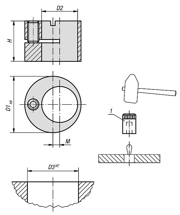 Alojamento excêntrico e ferramentas para montagem dos posicionadores de efeito lateral com mola