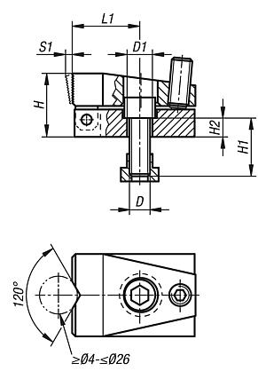 Side clamps, steel, for T-slots, Form B, with prism jaw