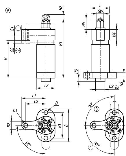 Grampo giratório heavy com curso de aperto prolongado, automatizável, forma A, com braço de fixação