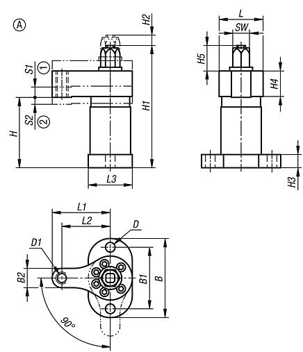 Grampo giratório heavy, automatizável, forma A, com braço de fixação