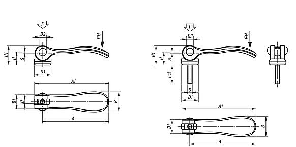 Cam levers, aluminium, with internal and external thread, plastic/metal thrust washer and steel or stainless steel stud