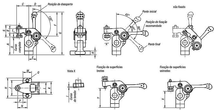 Minigrampos giratórios com fixação para baixo e alavanca excêntrica