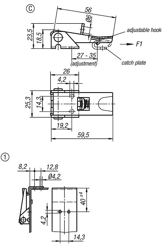 Latches, steel or stainless steel, with adjustable metal plate hooks for up to 1000N, fastening holes concealed, short version, Form C, with padlock bracket