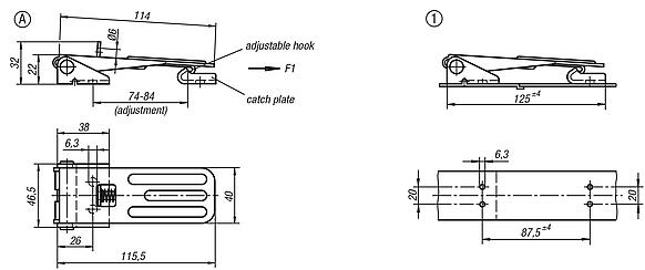 Latches, steel or stainless steel, with adjustable metal plöate hooks for up to 4000N, fastening holes concealed, long version, Form C, with padlock bracket