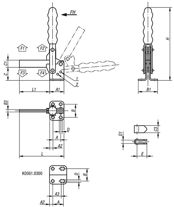 Grampo rápido vertical com base horizontal e braço de aperto com haste fechada