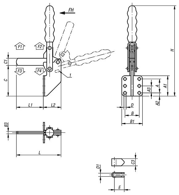 Toggle clamps vertical with angled foot and full holding arm