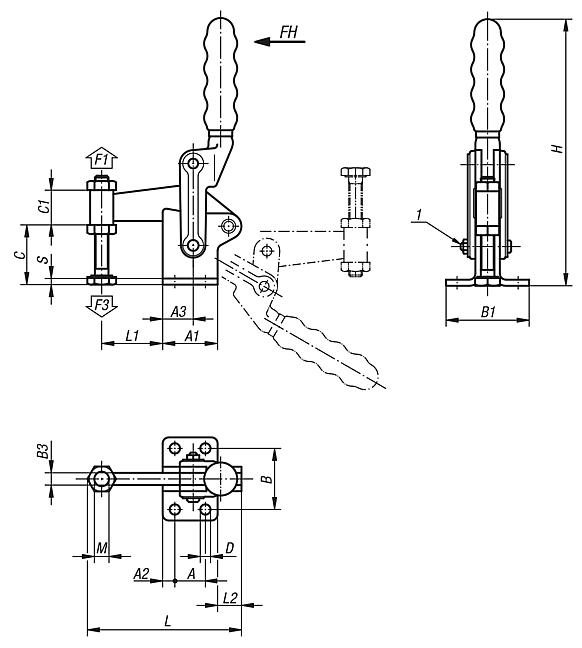 Grampo rápido vertical em versão pesada com eixo de aperto fixo