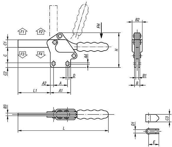 Grampo rápido horizontal com base vertical e braço de aperto com haste fechada