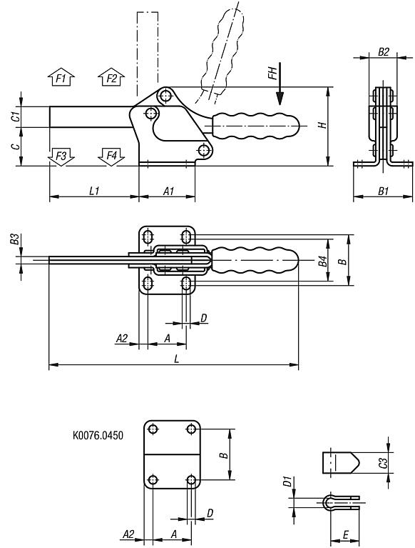 Grampo rápido horizontal com base horizontal e braço de aperto com haste fechada