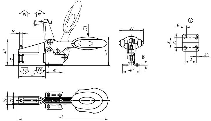 Grampo rápido horizontal com trava de segurança, base horizontal e eixo de aperto regulável, em aço inoxidável