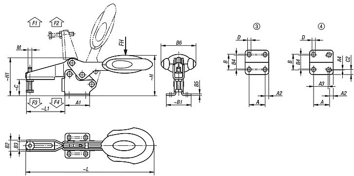 Grampo rápido horizontal com trava de segurança, base horizontal e eixo de aperto regulável