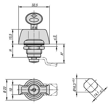 Fechos lingueta rotativa compacta, com manípulo de comando, diâmetro da carcaça 22 mm