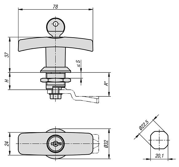 Fechos lingueta com manípulo em T de zinco, diâmetro da caixa 32 mm