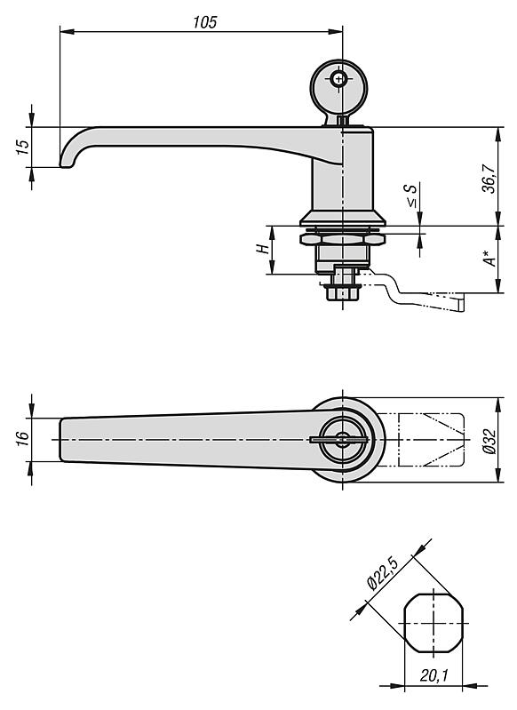 Fechos lingueta com manípulo em L feita de zinco, diâmetro da carcaça de 32 mm