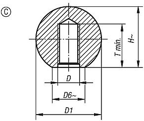 Botões bola em termoplástico, DIN 319 ampliada, forma C, com rosca plástica