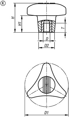 Triangular grips, internal thread